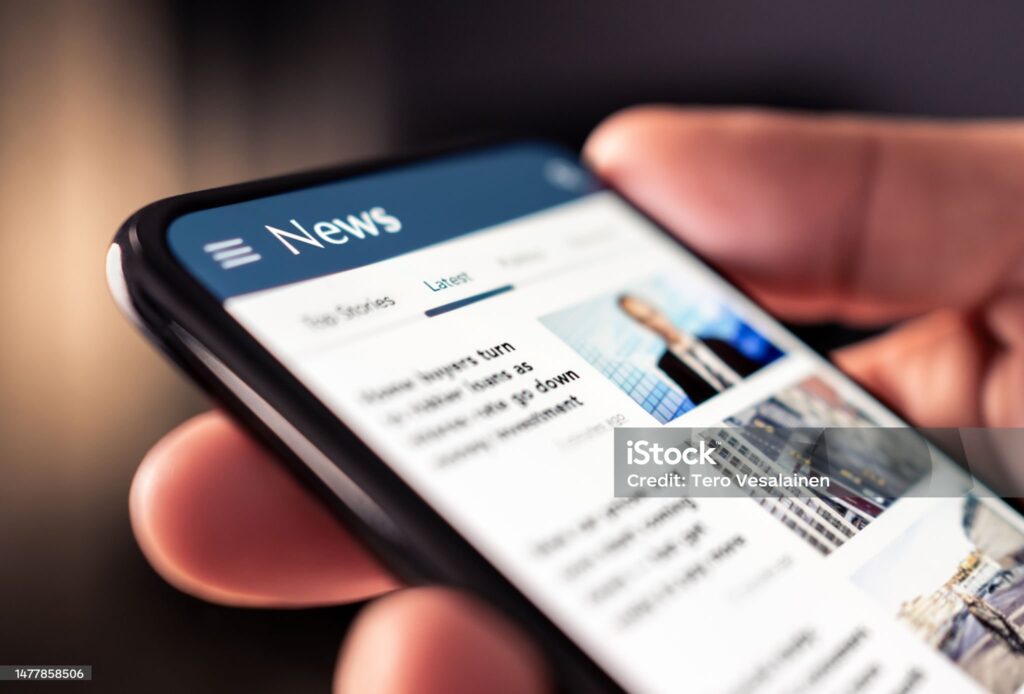 News online in phone. Reading newspaper from website. Digital publication and magazine mockup. Press feed with latest headlines in digital web portal. Reader watching media website in smartphone.